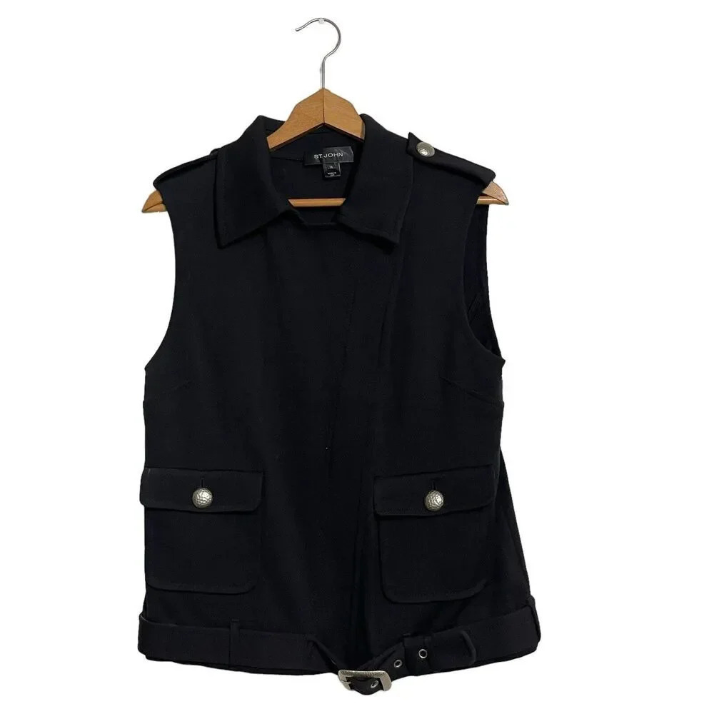 ST. JOHN Women’s Vest Black Size 10 Asymmetrical Moto Statement Retails $1,095